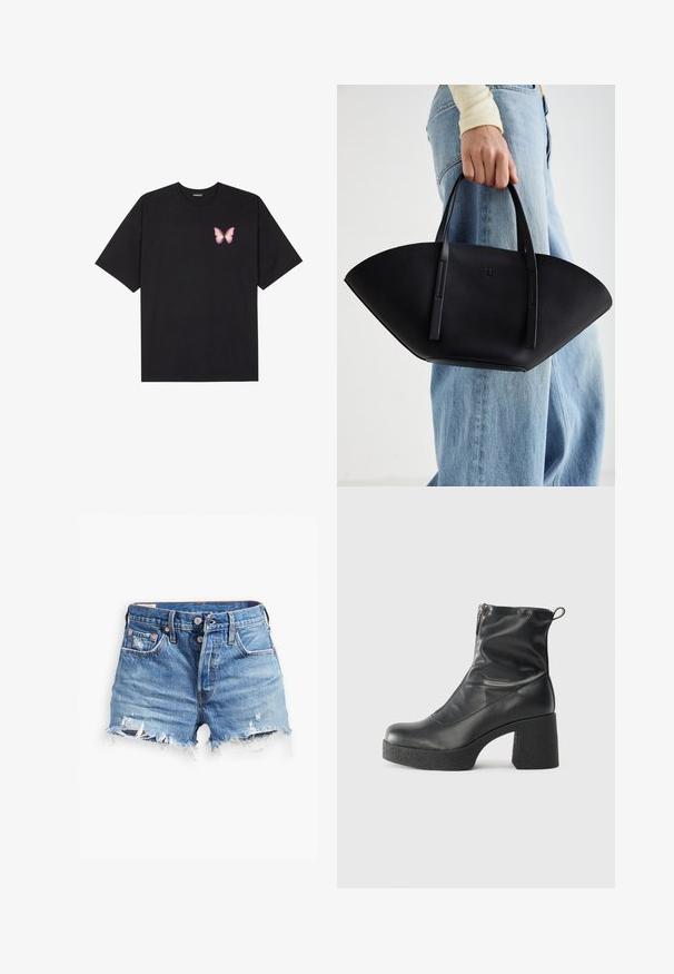 Crna pamučna majica s kratkim rukavima, s malim grafičkim prikazom ružičaste vjetricaste s desne strane na prsima. Dizajn s okruglim izrezom i opuštenim krojem.; Svijetloplave traper kratke hlače s rasporenom rubom, visokim strukom, kopčanjem na gumbi i dva prednja džepa; dijelovi s oštećenjima dodaju teksturu.; Crne gležnjače od glatke kože, s bočnim zatvaračem, debelim teksturiranim potplatom i dizajnom s zaobljenim prstima.; Crna kožna torba jedinstvenog oblika ventilatora, s ravnim ručkama. Površina ima teksturu sličnu šljunku i minimalistički dizajn.