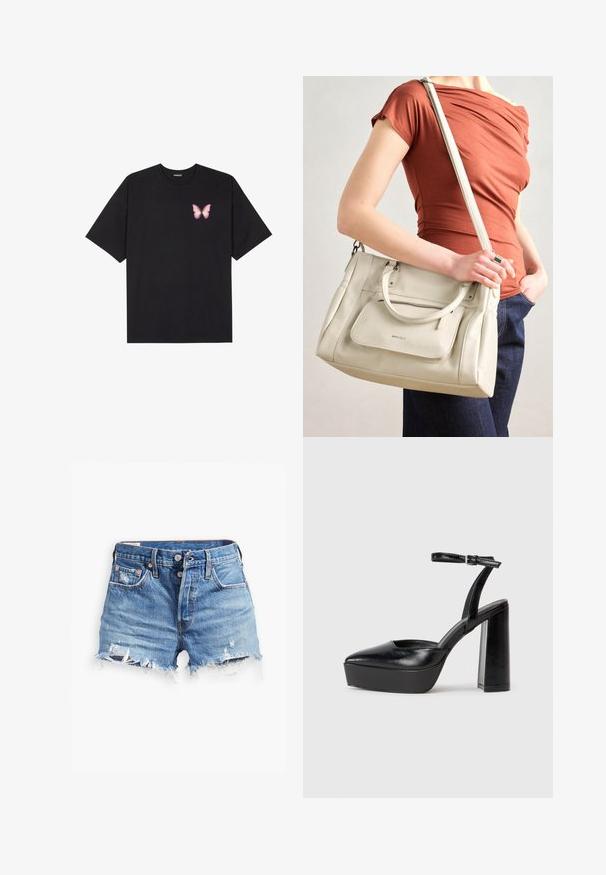 Črna bombažna majica s kratkimi rokavi, ki ima majhen roza metuljček na levi strani prsnega dela. Majica s krožnim ovratnikom in sproščenim krojem.; Svjetloplave traper šortse s razderanim rubovima, visokim strukom, kopčanjem na dugme i dva prednja džepa; istrošeni detalji dodaju teksturu.; Črne platforme z visokimi petami in koničastim nosom ter nastavljivim gležnjenjskim trakom. Narejene iz gladke usnje, s kockasto peto.; Bela usnjena torba z dvema ročkama in odstranljivo naramnico, ki ima sprednji žep na zadrgo in gladko teksturo. Nositi jo na osebi na roki.