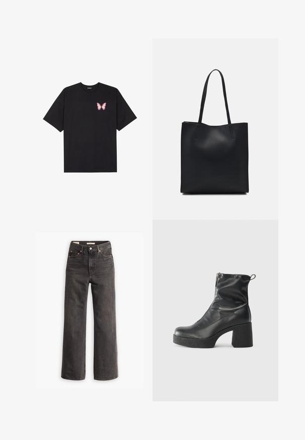 T-shirt de algodão preto com mangas curtas, apresentando um pequeno gráfico de borboleta rosa no lado esquerdo do peito. Design de gola redonda com um corte solto.; Jeans de cintura alta e pernas largas em denim cinza escuro, com bolsos frontais, rebites de cobre contrastantes e um acabamento limpo sem adornos.; Botas de tornozelo pretas feitas de couro liso, com fecho lateral, salto grosso texturizado e design de bico arredondado.; Bolsa tote preta em couro com textura lisa, forma retangular e duas alças longas. Sem hardware ou enfeites visíveis.
