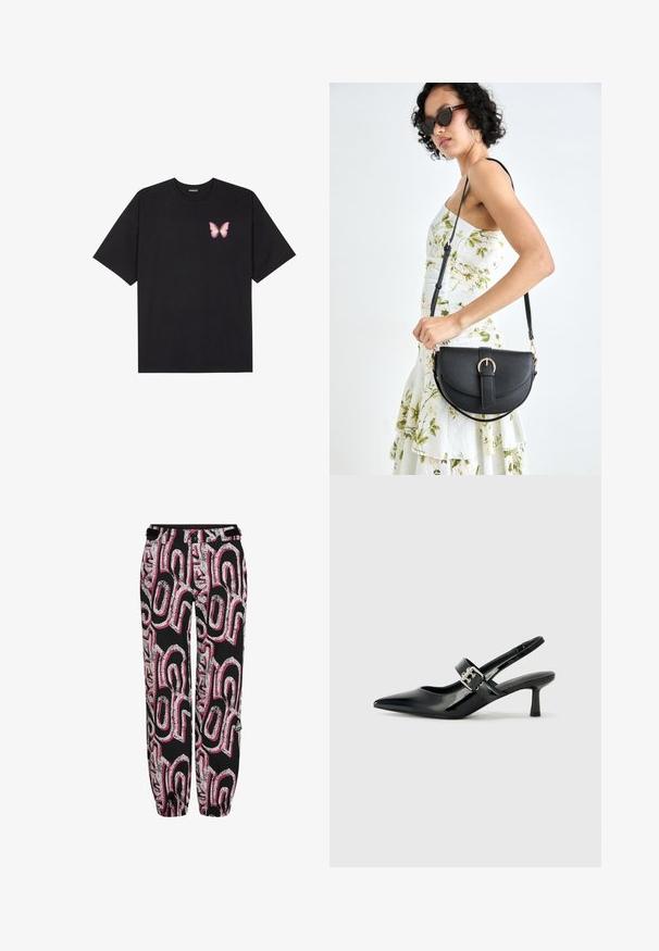 T-shirt nera in cotone con maniche corte, caratterizzata da una piccola grafica di una farfalla rosa sul lato sinistro del petto. Design a girocollo con una vestibilità rilassata.; Pantaloni neri con un audace motivo grafico in rosa e argento. Realizzati in materiale leggero, presentano polsini elasticizzati e una vita aderente.; Décolleté neri in vernice con punta affilata e tacco a blocco piccolo, dotati di un accentuato con fibbia argentata sulla cinturino.; Borsa a tracolla nera in pelle con una forma curva, manico rimovibile e accessori dorati. La borsa presenta una patta con un dettaglio a fibbia.