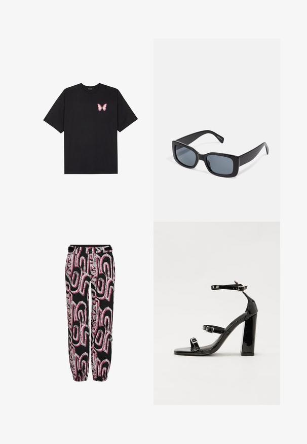 Zwarte katoenen t-shirt met korte mouwen, voorzien van een kleine roze vlinder graphic op de linkerkant van de borst. Crew neck ontwerp met een relaxte fit.; Zwarte broek met een opvallend roze en zilver grafisch patroon. Gemaakt van lichtgewicht materiaal, met elastische boorden en een aansluitende tailleband.; Zwarte gepatenteerde sandalen met hak en een vierkante neus, enkelbandjes en zilveren gespen. Heeft een stevige blokhak voor stabiliteit.; Zwarte rechthoekige zonnebril met donkere getinte lenzen, een dik plastic montuur en brede scharnieren. Glad oppervlak en hoekig ontwerp.