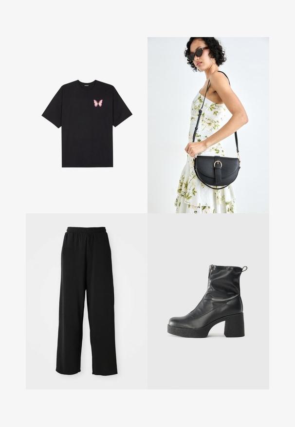 Sort bomulds T-shirt med korte ærmer, prydet med en lille pink sommerfugl grafik på venstre bryst. Rund hals design med en afslappet pasform.; Sorte brede bukser lavet af blødt stof, med en elastisk talje og ingen synlige lommer. Glat tekstur med en afslappet pasform.; Sorte ankelstøvler lavet af glat læder, med en sidelukning, kraftig struktureret hæl og rundt tådesign.; Sort læderhåndtaske med en buet form, aftagelig rem og guldfinish. Tasken har en klap med en spænde detalje.