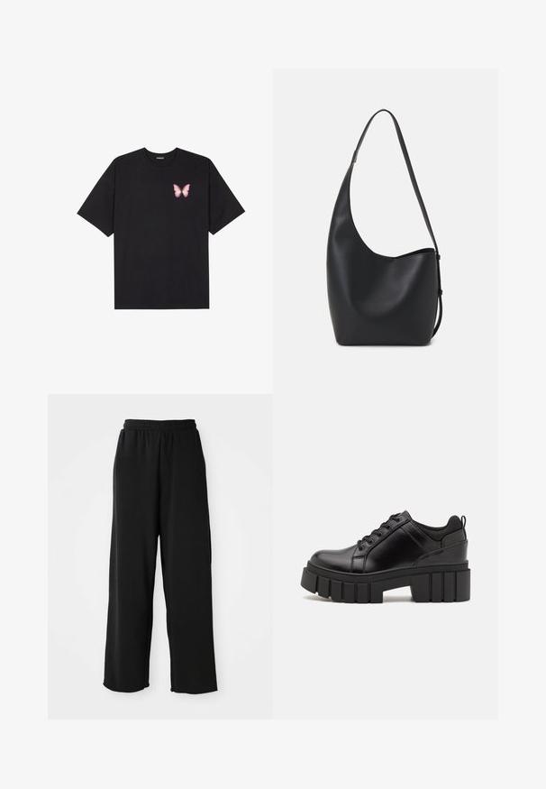 Černé bavlněné tričko s krátkým rukávem, na levém prsou s malou grafikou růžové motýlky. Design s kruhovým výstřihem a volným střihem.; Černé široké kalhoty vyrobené z měkké látky, s elastickým pasem a bez viditelných kapes. Hladká textura s uvolněným střihem.; Černé kožené platformové boty s masivním blokovým podpatkem, kulatou špičkou a tradičním šněrováním. Mají hladký povrch a minimální detaily.; Černá kožená hobo taška s hladkým povrchem, zakřiveným tvarem a jedním nastavitelným popruhem; má široké otevírání nahoře.