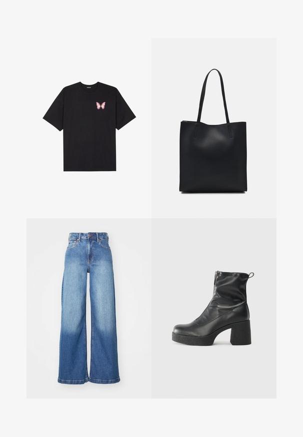 Black cotton t-shirt with short sleeves, featuring a small pink butterfly graphic on the left chest. Crew neck design with a relaxed fit.; High-waist wide-leg blue denim jeans with front button, zipper, and classic five-pocket design.; Black ankle boots made of smooth leather, featuring a side zipper, chunky textured heel, and rounded toe design.; Black leather tote bag with smooth texture, rectangular shape, and two long handles. No visible hardware or embellishments.