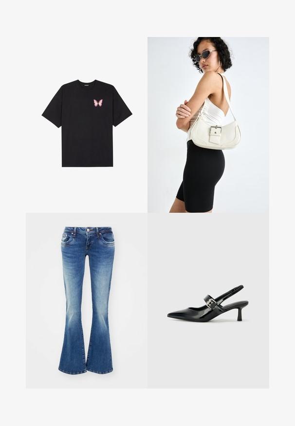 Juodas medvilnės marškinėliai trumpomis rankovėmis, su maža rožine drugelio grafika kairėje krūtinės pusėje. Apvalus kaklo iškirpimas, laisvas kirpimas.; Mėlynos džinsinės plačios kelnės su vidutinio aukščio juosmens, dviem priekinėm kišenėm ir šviesiais nusidėvėjimo požymiais, suteikiančiais tekstūrinį efektą.; Juodai lakuoti slingback aukštakulniai su smailiu kojų pirštu ir mažais blokiniais kulniukais, su sidabro sagtimi ant dirželio.; Balta odinė rankinė su kreiva forma, reguliuojama dirželiu ir mažu sagties akcentu. Modelis vilki priglundančius juodus drabužius.