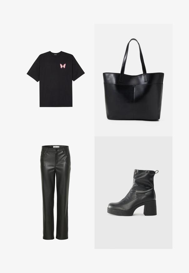 Juodas medvilnės marškinėliai trumpomis rankovėmis, su maža rožine drugelio grafika kairėje krūtinės pusėje. Apvalus kaklo iškirpimas, laisvas kirpimas.; Juodos odinės kelnės su tiesaus kirpimo dizainu, turinčios priekinės kišenes ir sagą. Lygus paviršius su elegantiška išvaizda.; Juodos kulkšninių botai, pagaminti iš lygaus odos, su šoniniu užtrauktuku, masyviu tekstūruotu kulnu ir apvaliu pirštu.; Juoda odinė rankinė su dviem ilgais diržais, lygiu paviršiumi ir struktūrizuota forma. Yra priekinė kišenė papildomam saugojimui.