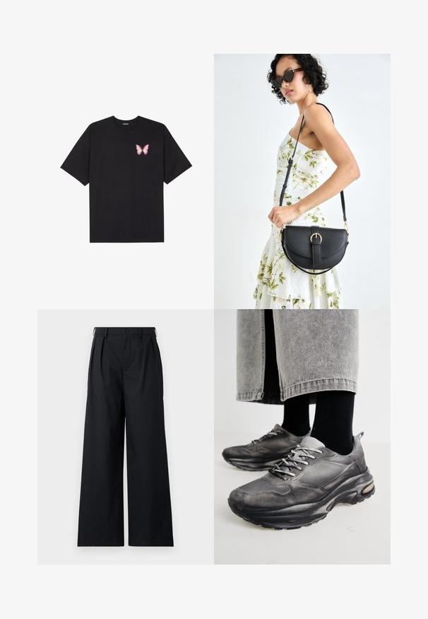 Svart bomulls T-skjorte med korte ermer, med en liten rosa sommerfugl grafikk på venstre bryst. Crew-neck design med en avslappet passform.; Sorte vide leg bukser laget av et glatt stoff, med knappelukking og legg for ekstra struktur. Enkel, minimalistisk design.; Sorte og grå treningssko har en mesh-overdel, tykke såler og snøring. De har en rund tå og synlige dempe detaljer.; Svart lærveske med en buet form, avtagbar stropp og gullbeslag. Vesken har et klaff med spenne-detall.