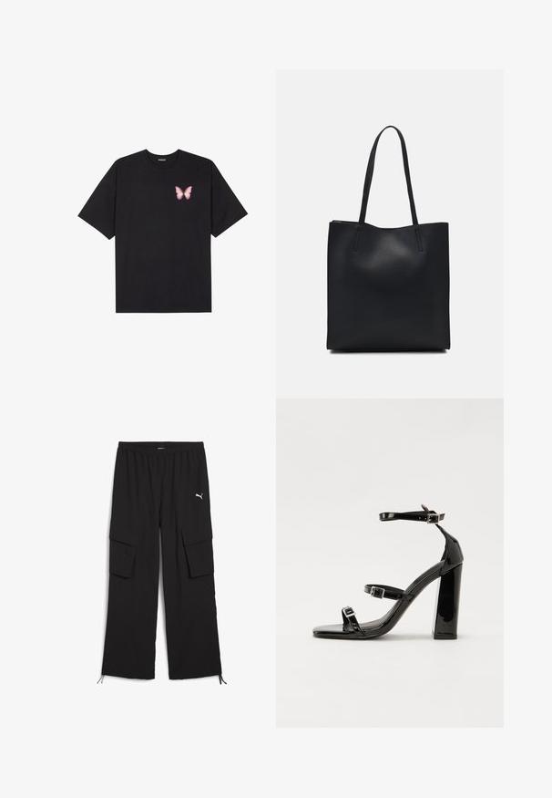Crna pamučna majica s kratkim rukavima, s malim grafičkim prikazom ružičaste vjetricaste s desne strane na prsima. Dizajn s okruglim izrezom i opuštenim krojem.; Crne cargo hlače s širokim dizajnom nogavica, elastičnim pojasom, dva bočna džepa i donjim dijelovima s vezicama. Imaju mali bijeli logotip.; Crne lakirane sandale na visoku petu s dva remena s kopčama, kvadratnim vrhom i masivnom blok petom, s glatkom, sjajnom teksturom.; Crna kožna torba za nošenje s glatkom teksturom, pravokutnim oblikom i dvije duge ručke. Nema vidljivih metalnih dijelova ili ukrasa.