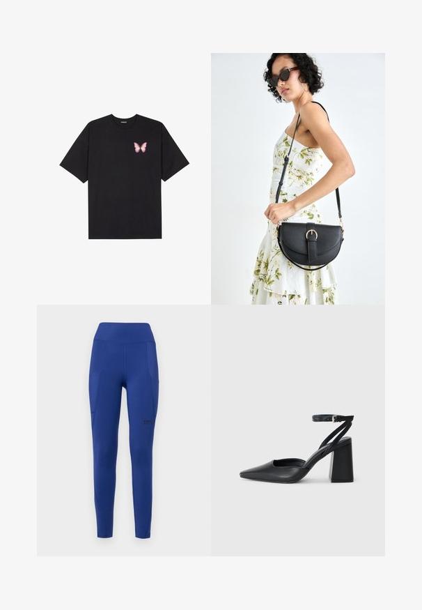 Tricou negru din bumbac cu mâneci scurte, având pe partea stângă a pieptului un mic grafic cu un fluture roz. Design cu guler rotund și croială lejeră.; Legginguri active de culoare albastru marin, cu talie înaltă, buzunare laterale și branding discret. Confectionate dintr-un material elastic și neted, cu o formă ajustată.; Pantofii cu toc ascuțit din piele neagră, cu breteaua pentru glezne și toc gros. Textură netedă, design elegant și estetică minimală.; Geantă din piele neagră, cu o formă curbată, curea detașabilă și accesorii aurii. Geanta are un capac cu un detaliu tip cataramă.