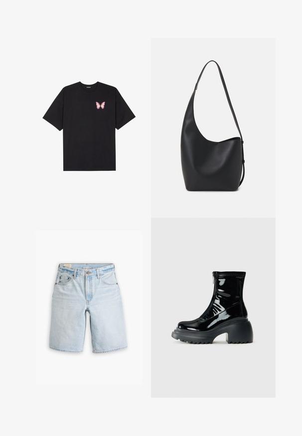 Svart bomulls T-skjorte med korte ermer, med en liten rosa sommerfugl grafikk på venstre bryst. Crew-neck design med en avslappet passform.; Lys blå denimshorts med rett passform, som har fem lommer, beltehemper og knappelukking. Myk tekstur med falmede områder.; Glanset svart plattform ankelstøvlett med rund tå, kraftig hæl, glidelås og tykk rillelagt såle mot en hvit bakgrunn.; Svart lær hobo-veske med glatt tekstur, buet form og enkelt justerbart stropp; har en bred åpning på toppen.