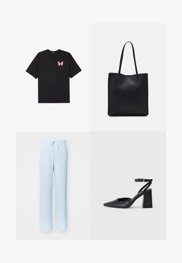 Black cotton t-shirt with short sleeves, featuring a small pink butterfly graphic on the left chest. Crew neck design with a relaxed fit.; Light blue, loose-fitting trousers with an elastic waistband and adjustable drawstring; made from soft, breathable fabric, featuring a smooth texture.; Black leather pointy-toe pump with an ankle strap and a chunky heel. Flat texture, sleek design, and minimalistic aesthetics.; Black leather tote bag with smooth texture, rectangular shape, and two long handles. No visible hardware or embellishments.
