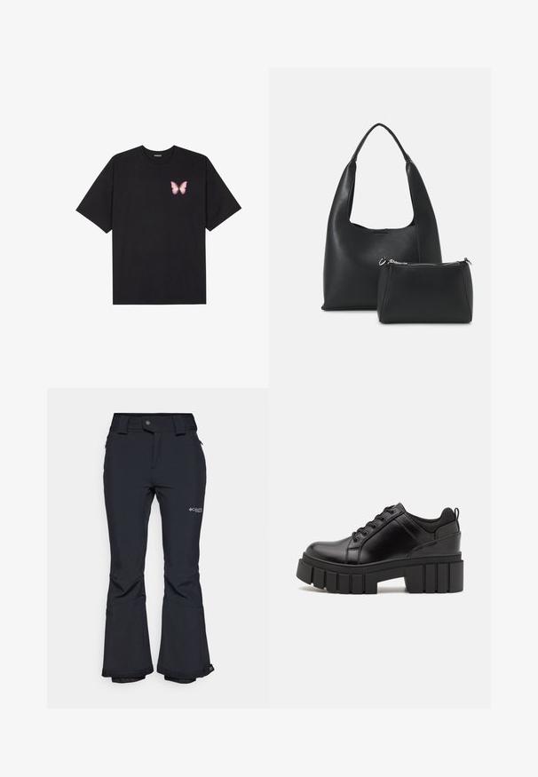 T-shirt de algodão preto com mangas curtas, apresentando um pequeno gráfico de borboleta rosa no lado esquerdo do peito. Design de gola redonda com um corte solto.; Calças de esqui impermeáveis pretas com um bolso com fecho, pernas largas e um logótipo na coxa. Apresenta material durável e punhos reforçados.; Sapatos de plataforma em couro preto com um salto bloco robusto, bico redondo e design clássico de atacadores. Apresentam uma textura suave e detalhes mínimos.; Even&Odd Mala de mão - black