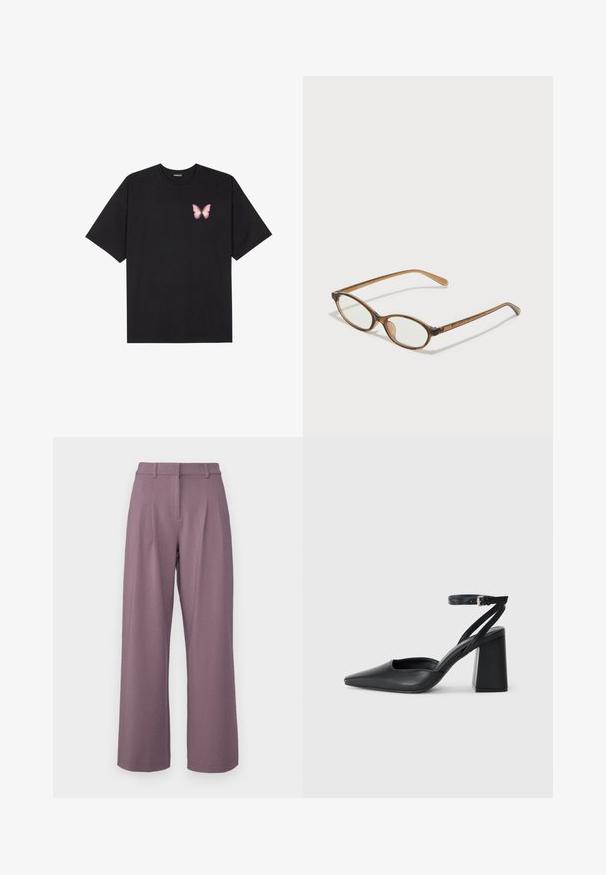 Musta puuvillapaita lyhyillä hihoilla, jossa on pieni vaaleanpunainen perhosgrafiikka vasemmassa rinnassa. Pyöreä kaula-aukko ja rento istuvuus.; MSCH Copenhagen MIRABELLE MICHELLE PLEAT PANTS - Housut - black plum; Mustat nahkakengät, joissa on kapea kärki, nilkkaremmi ja paksu korko. Tasainen pinta, tyylikäs muotoilu ja minimalistinen estetiikka.; Ruskeat kilpikonnaruutulasiset silmälasit, joissa ovaalit linssit, ohuet varret ja läpinäkyvät yksityiskohdat. Temppeleissä on huomaamaton logo. Suunnittelultaan suora ja kevyt.
