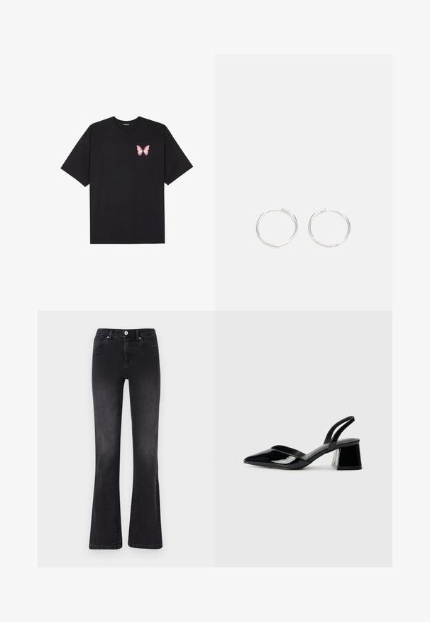 Sort bomulds T-shirt med korte ærmer, prydet med en lille pink sommerfugl grafik på venstre bryst. Rund hals design med en afslappet pasform.; Sorte flagrende jeans lavet af denim, med knaplukning, fem lommer og subtil falming. Syet detaljer langs sømmene.; Sorte patentlæder slingback hæle med spids tå og en geometrisk blok hæl. Har et elegant, minimalistisk design og en glat tekstur.; Sølv hoop øreringe med et slankt, rundt design, der har en glat overflade og ingen synlige udsmykninger. Diameter ikke specificeret.