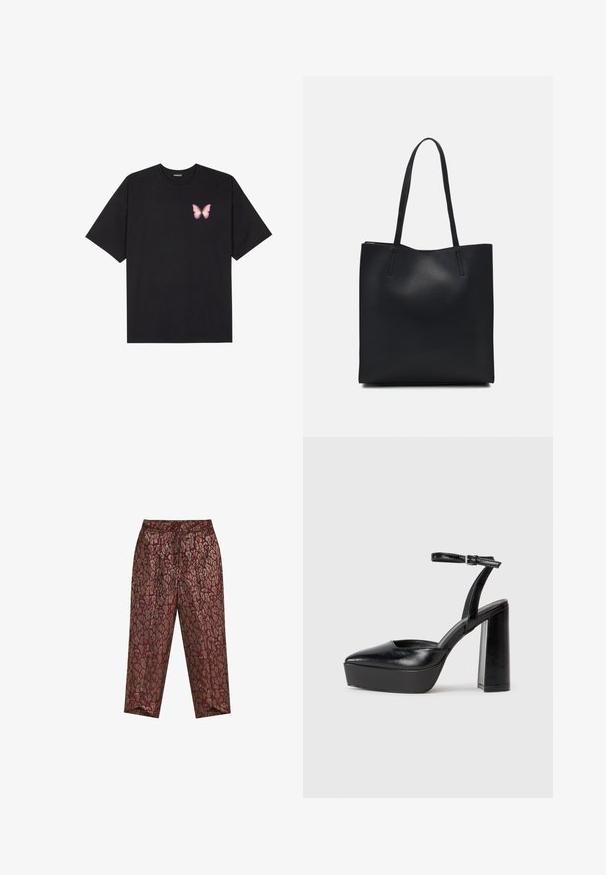 Musta puuvillapaita lyhyillä hihoilla, jossa on pieni vaaleanpunainen perhosgrafiikka vasemmassa rinnassa. Pyöreä kaula-aukko ja rento istuvuus.; Korkeavyötäröiset kapenevat housut, joissa on viininpunainen ja metallinhohtoinen kultainen leopardikuosi sekä laskostettu etuosa.; Mustat korkeat platform-kengät, joissa on terävä kärki ja säädettävä nilkkaremmi. Valmistettu sileästä nahasta ja varustettu paksulla lohkokorkeudella.; Mustapahkainen kangaskassi, jossa on sileä pinta, suorakaiteen muotoinen ja kaksi pitkää kahvaa. Ei näkyvää metalliosaa tai koristeita.