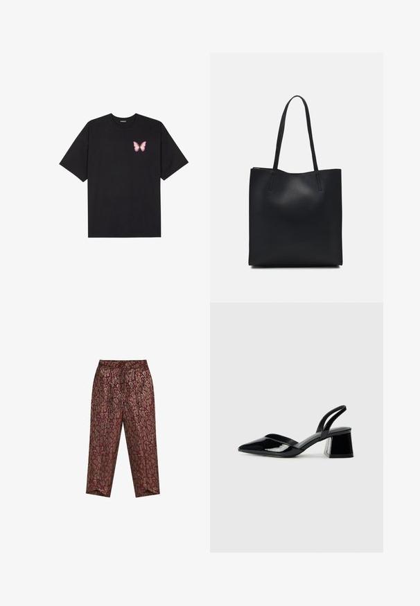 Schwarzes Baumwoll-T-Shirt mit kurzen Ärmeln, das ein kleines pinkes Schmetterlingsmotiv auf der linken Brust zeigt. Crewneck-Design mit einem entspannten Schnitt.; Hochgeschnittene, tapered Hosen mit burgunderfarbenem und metallisch goldenem Leopardenmuster und gefaltetem Frontdesign.; Schwarze Lackleder-Slingback-High Heels mit spitzem Schuh und einem geometrischen Blockabsatz. Verfügt über ein schlankes, minimalistisches Design und eine glatte Textur.; Schwarze Laptoptasche aus Leder mit glatter Textur, rechteckiger Form und zwei langen Griffen. Keine sichtbaren Beschläge oder Verzierungen.