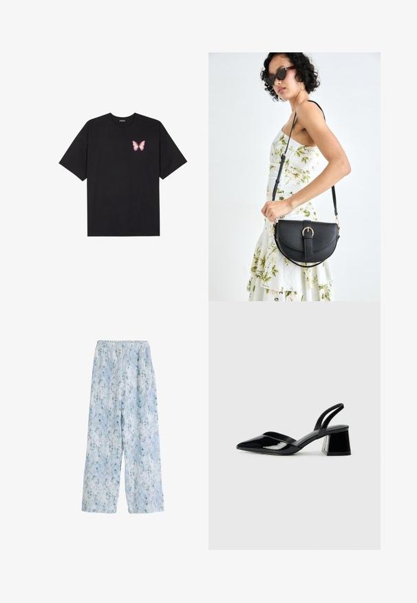 Fekete pamut póló rövid ujjakkal, bal mellkason egy kis rózsaszín pillangó grafikával. Kerek nyakú kialakítás, laza fazonnal.; Világoskék, mintás, laza szabású nadrág, rugalmas derékpánttal, virágmintával és függőleges csíkokkal, puha anyagból készült.; Fekete lakk bőr szandálkés magas sarkú cipő, hegyes orral és geometrikus tömbsarkakkal. Karcsú, minimalista dizájn és sima textúra jellemzi.; Fekete bőrtáska ívelt formával, levehető pánttal és arany színű fémrészekkel. A táskán egy csattal díszített fedél található.