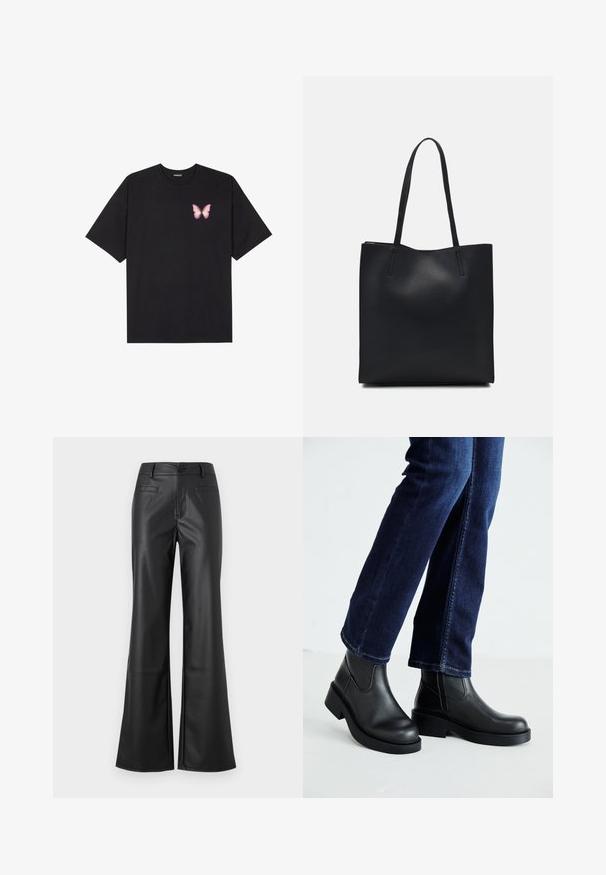 Črna bombažna majica s kratkimi rokavi, ki ima majhen roza metuljček na levi strani prsnega dela. Majica s krožnim ovratnikom in sproščenim krojem.; Črne usnjene hlače s širokimi hlačnicami in gladko teksturo, opremljene s sprednjim gumbom in dvema zadnjima žepoma. Klasičen dizajn z modernim prileganjem.; Črne usnjene gležnjarje z debelim podplatom in stranskimi elastičnimi paneli, v kombinaciji s temno modrimi kavbojkami. Tla so svetle barve.; Črna usnjena torba s svilnato teksturo, pravokotne oblike in dvema dolgima ročajema. Brez vidnih metalnih delov ali okrasnih elementov.