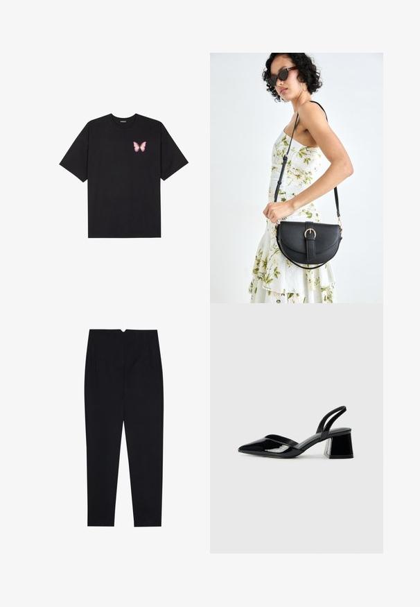 Crna pamučna majica s kratkim rukavima, s malim grafičkim prikazom ružičaste vjetricaste s desne strane na prsima. Dizajn s okruglim izrezom i opuštenim krojem.; Crne hlače od teksturiranog materijala, s ravnim prednjim dijelom, bočnim džepovima i ravnim krojem nogavica s srednjim strukom.; Crne lakirane kožne sandale s otvorenom petom i špicastim vrhom, s geometrijskom blok petom. Imaju elegantan, minimalistički dizajn i glatku teksturu.; Crna kožna torba s lukovitim oblikom, odvojivim remenom i zlatnim detaljima. Torba ima preklop s kopčom.