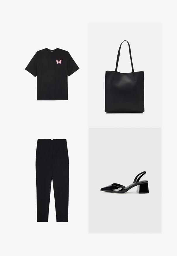 Crna pamučna majica s kratkim rukavima, s malim grafičkim prikazom ružičaste vjetricaste s desne strane na prsima. Dizajn s okruglim izrezom i opuštenim krojem.; Crne hlače od teksturiranog materijala, s ravnim prednjim dijelom, bočnim džepovima i ravnim krojem nogavica s srednjim strukom.; Crne lakirane kožne sandale s otvorenom petom i špicastim vrhom, s geometrijskom blok petom. Imaju elegantan, minimalistički dizajn i glatku teksturu.; Crna kožna torba za nošenje s glatkom teksturom, pravokutnim oblikom i dvije duge ručke. Nema vidljivih metalnih dijelova ili ukrasa.