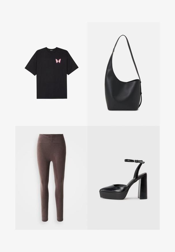 Black cotton t-shirt with short sleeves, featuring a small pink butterfly graphic on the left chest. Crew neck design with a relaxed fit.; High-waisted brown ribbed leggings with gathered detail on the waistband, displayed on a white background.; Black platform heels with a pointed toe and adjustable ankle strap. Constructed from smooth leather, featuring a chunky block heel.; Black leather hobo bag with a smooth texture, curved shape, and single adjustable strap; features a wide opening at the top.