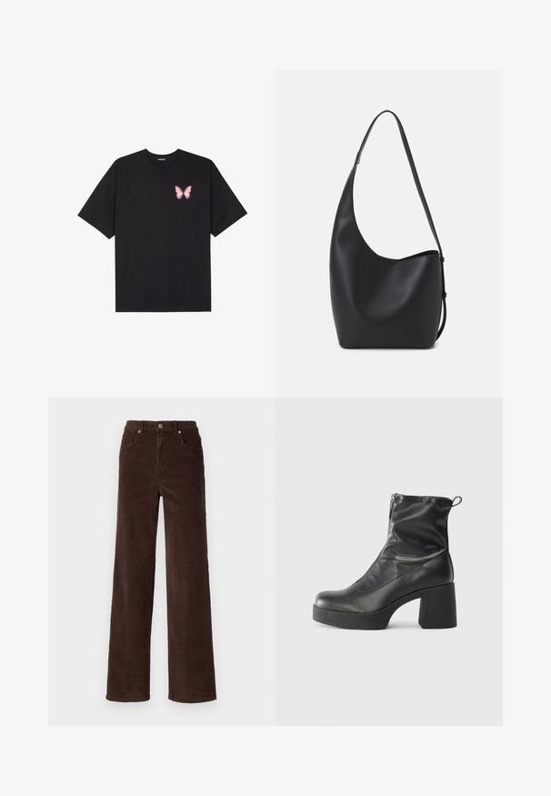T-shirt de algodão preto com mangas curtas, apresentando um pequeno gráfico de borboleta rosa no lado esquerdo do peito. Design de gola redonda com um corte solto.; Vero Moda VMTESSA WIDE PANTS - Calças - chocolate torte; Botas de tornozelo pretas feitas de couro liso, com fecho lateral, salto grosso texturizado e design de bico arredondado.; Saco hobo preto em pele com uma textura lisa, forma curva e uma única alça ajustável; apresenta uma abertura larga na parte de cima.