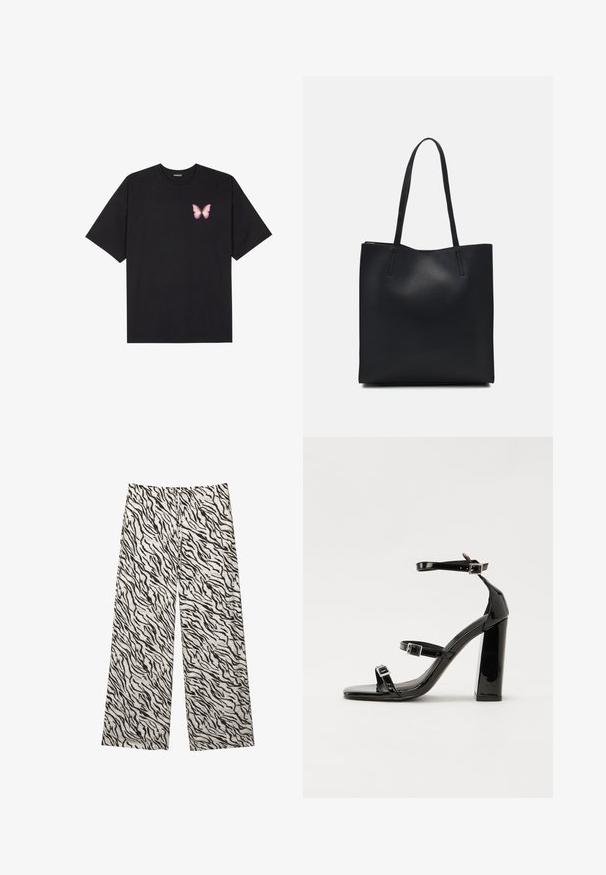 Black cotton t-shirt with short sleeves, featuring a small pink butterfly graphic on the left chest. Crew neck design with a relaxed fit.; Wide-leg pants in a lightweight fabric featuring a black and white tiger stripe pattern. Elastic waistband with a drawstring detail.; Black patent high-heeled sandals with two buckle straps, square toe, and a chunky block heel, featuring a smooth, glossy texture.; Black leather tote bag with smooth texture, rectangular shape, and two long handles. No visible hardware or embellishments.
