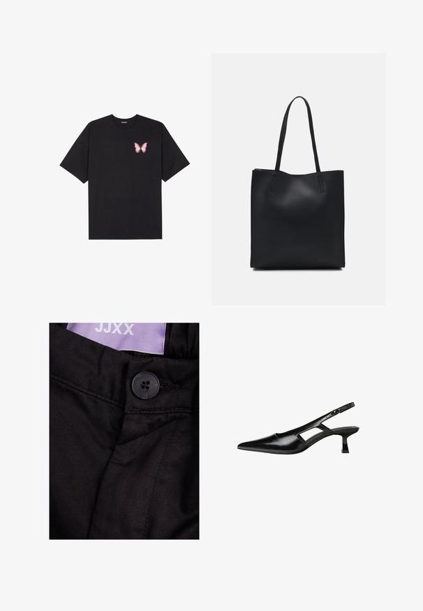 Svart bomullströja med korta ärmar, med en liten rosa fjärilsgrafik på vänster bröst. Rundad halsdesign med en avslappnad passform.; Svarta tygbyxor med svart knappstängning, synliga söms detaljer och en lila etikett med texten "JJXX."; Svart lackläder slingback-klackar med spetsig tå, utskuren sidor och en liten fyrkantig klack. Slät textur med minimala accenter.; Svart lädertoffelväska med slät textur, rektangulär form och två långa handtag. Ingen synlig hårdvara eller dekorationer.