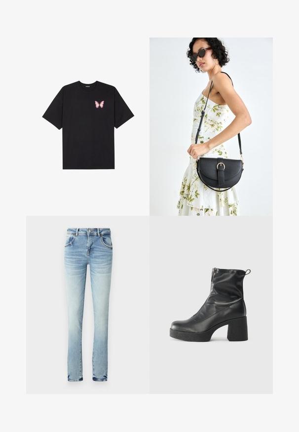 Fekete pamut póló rövid ujjakkal, bal mellkason egy kis rózsaszín pillangó grafikával. Kerek nyakú kialakítás, laza fazonnal.; Világoskék farmernadrág, amelyen elhalványulás látható. Öt zsebbel, gombos és cipzáras zárással, valamint egyenes lábujjzínttel rendelkezik. Nincs észlelhető minta.; Fekete bokacsizmák sima bőrből, oldalsó cipzárral, vastag, texturált sarkú és lekerekített orrú dizájnnal.; Fekete bőrtáska ívelt formával, levehető pánttal és arany színű fémrészekkel. A táskán egy csattal díszített fedél található.