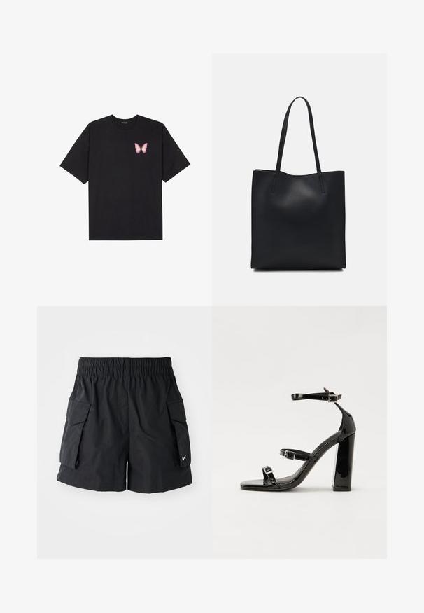 Juodas medvilnės marškinėliai trumpomis rankovėmis, su maža rožine drugelio grafika kairėje krūtinės pusėje. Apvalus kaklo iškirpimas, laisvas kirpimas.; Juodos krovinių šortai, pagaminti iš lengvos medžiagos, su elastingu juosmeniu, dviem šoninėmis kišenėmis ir mažuoju baltu logotipu ant apdailos.; Juodos patentuotos aukštakulnės basutės su dviem sagtelėmis, kvadratine nosimi ir stambiu blokiniu kulnu, pasižyminčios lygiu, blizgiu paviršiumi.; Juodas odinis tote krepšys su lygia tekstūra, stačiakampio formos ir dviem ilgais rankenomis. Matomų metalinių detalių ar puošybos nėra.