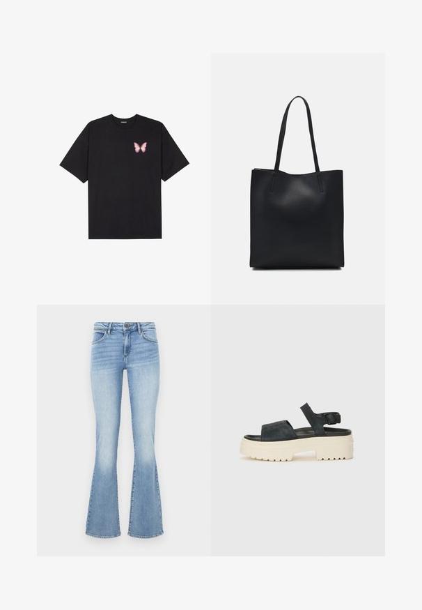 Black cotton t-shirt with short sleeves, featuring a small pink butterfly graphic on the left chest. Crew neck design with a relaxed fit.; Light blue flared jeans made of denim. Features a traditional five-pocket design and a zip fly with a button closure. Faded effect on the thighs.; Black suede platform sandals with a chunky white sole, wide front strap, and adjustable ankle buckle. Textured outsole for grip.; Black leather tote bag with smooth texture, rectangular shape, and two long handles. No visible hardware or embellishments.