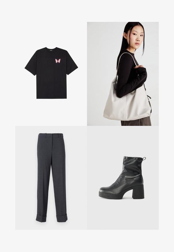 T-shirt de algodão preto com mangas curtas, apresentando um pequeno gráfico de borboleta rosa no lado esquerdo do peito. Design de gola redonda com um corte solto.; Calças cinzas personalizadas, feitas de tecido texturizado, apresentando uma perna recta, passantes para cinto e bainhas franzidas para uma aparência estruturada.; Botas de tornozelo pretas feitas de couro liso, com fecho lateral, salto grosso texturizado e design de bico arredondado.; Uma bolsa bege feita de material macio, com um design descontraído, detalhes de costura e duas alças para o ombro. Adequada para uso diário.