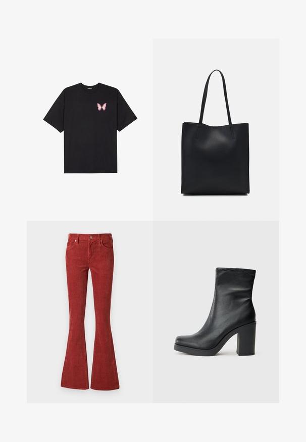 Juodas medvilnės marškinėliai trumpomis rankovėmis, su maža rožine drugelio grafika kairėje krūtinės pusėje. Apvalus kaklo iškirpimas, laisvas kirpimas.; Raudoni švelnūs platėjančių džinsų kelnės turi aukštą juosmenį, priekinį užsegimą su mygtuku ir dvi kišenes. Audinys turi tekstūruotą paviršių su vertikaliomis juostelėmis.; Juodos odinės kulkšninių batų su aukštu blokuotu kulnu, lygia tekstūra, prigludusia siluetu ir siūlėmis apipjaustymu viršuje.; Juodas odinis tote krepšys su lygia tekstūra, stačiakampio formos ir dviem ilgais rankenomis. Matomų metalinių detalių ar puošybos nėra.