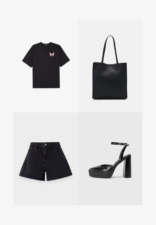 T-shirt de algodão preto com mangas curtas, apresentando um pequeno gráfico de borboleta rosa no lado esquerdo do peito. Design de gola redonda com um corte solto.; Calções de ganga pretos com uma cintura alta, apresentando um fecho frontal com botão, design de cinco bolsos e uma forma ligeiramente ampla.; Saltos altos pretos com bico fino e atilho ajustável no tornozelo. Confeccionados em couro suave, apresentam um salto bloco robusto.; Bolsa tote preta em couro com textura lisa, forma retangular e duas alças longas. Sem hardware ou enfeites visíveis.