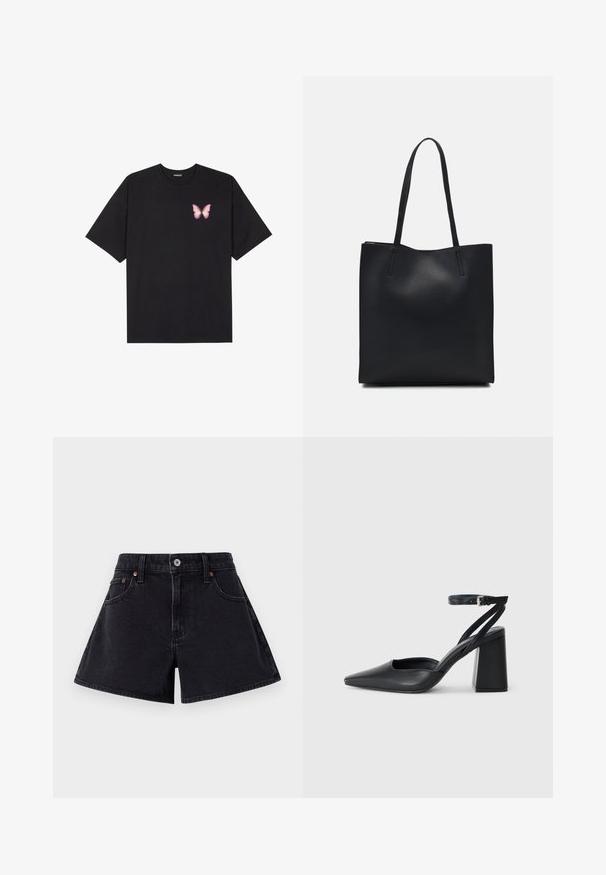 Fekete pamut póló rövid ujjakkal, bal mellkason egy kis rózsaszín pillangó grafikával. Kerek nyakú kialakítás, laza fazonnal.; Fekete farmer rövidnadrág magas derékkal, elülső gombos záródással, öt zsebes kivitelben és enyhén bővülő fazonnal.; Fekete bőr, hegyes orrú magassarkú cipő boka pánttal és vastag sarokkal. Sima textúra, elegáns dizájn és minimális esztétika.; Fekete bőrtáska sima felszínnel, téglalap alakú, két hosszú füllel. Nincs látható fémkiegészítő vagy díszítés.
