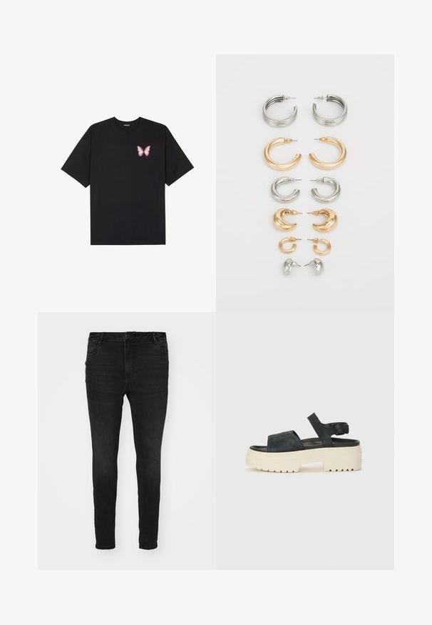 Μαύρο βαμβακερό μπλουζάκι με κοντά μανίκια, διαθέτοντας ένα μικρό ροζ γραφικό πεταλούδας στο αριστερό στήθος. Σχέδιο με στρογγυλή λαιμόκοψη και άνετη εφαρμογή.; Vero Moda Curve VMCFLASH SKINNY - Jeggings - black denim; Μαύρα σουέτ παπούτσια πλατφόρμας με χοντρή λευκή σόλα, πλατιά μπροστινή λωρίδα και ρυθμιζόμενο κούμπωμα στον αστράγαλο. Με υφή στη σόλα για καλύτερη πρόσφυση.; Σύνολο οκτώ μεταλλικών σκουλαρικιών σε ασημένιες και χρυσές αποχρώσεις. Περιλαμβάνει διάφορα στυλ κρίκων, υφές και φινιρίσματα, ταξινομημένα κατά μέγεθος.
