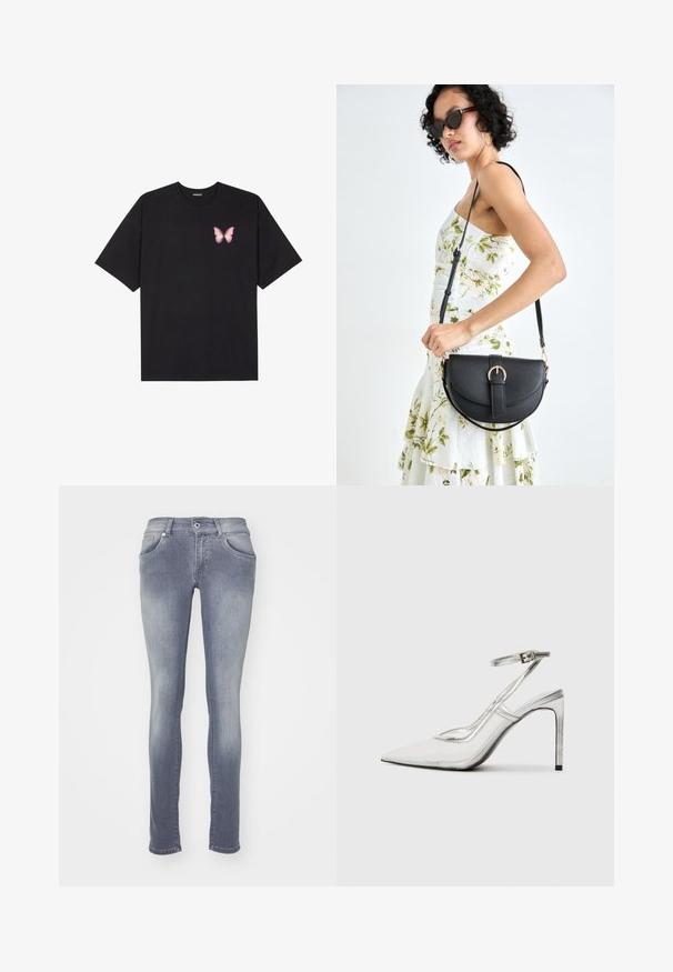 Fekete pamut póló rövid ujjakkal, bal mellkason egy kis rózsaszín pillangó grafikával. Kerek nyakú kialakítás, laza fazonnal.; Közepes szürke mosású skinny farmernadrág, denim anyagból készült. Öt zsebet, övszegélyeket és elhalványult hatást mutat a combok és a térdek környékén.; Áttetsző anyagú, hegyes orrú, tiszta stiletto sarokcipő, fémes ezüst díszítéssel és állítható bokahevederrel.; Fekete bőrtáska ívelt formával, levehető pánttal és arany színű fémrészekkel. A táskán egy csattal díszített fedél található.