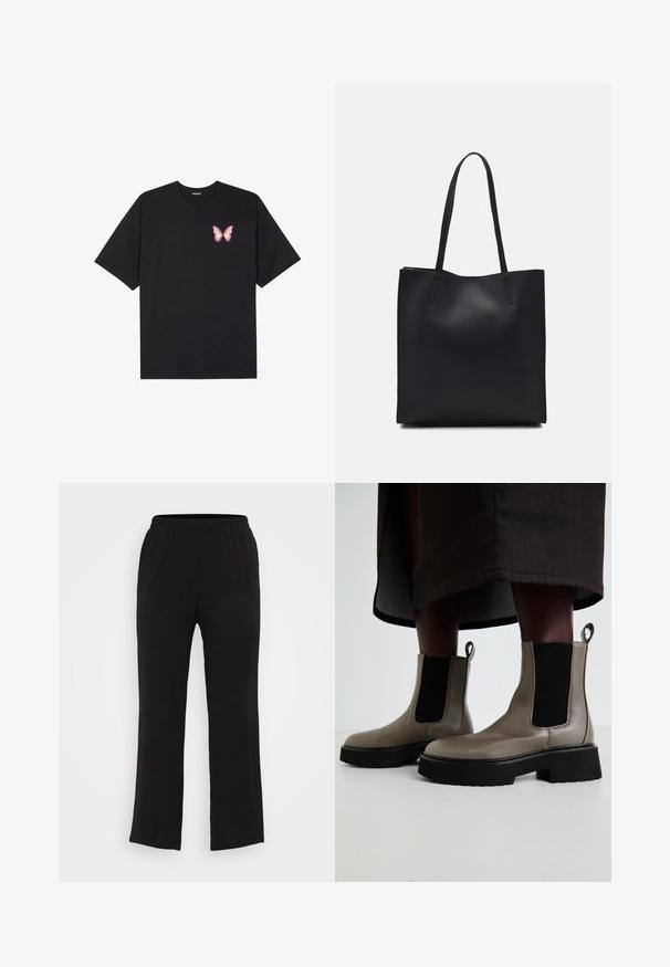 Tricou negru din bumbac cu mâneci scurte, având pe partea stângă a pieptului un mic grafic cu un fluture roz. Design cu guler rotund și croială lejeră.; Pantaloni negri, ușori, cu talie elastică și design drept. Textură netedă, fără modele vizibile sau detalii de feronerie.; Boots gri din piele texturată, la nivelul gleznei, cu panouri elastice pe laterale și o talpă groasă neagră. Au accesorii pentru a fi purtate cu ușurință.; Geantă tote neagră din piele, cu textură netedă, formă rectangulară și două mânere lungi. Fără hardware vizibil sau ornamente.