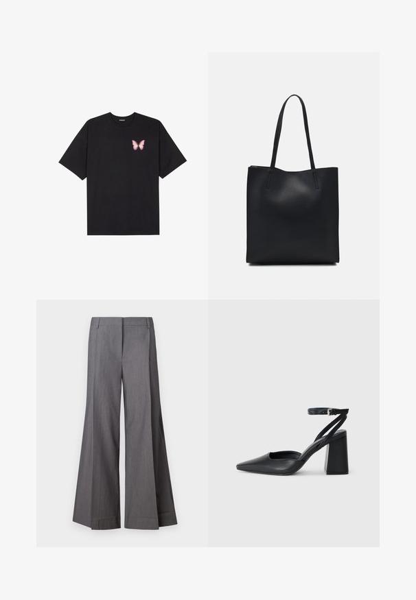 Čierne bavlnené tričko s krátkymi rukávmi, s malým ružovým motýlikom na ľavej hrudi. Design s okrúhlym výstrihom a uvoľneným strihom.; Šedé široké nohavice vyrobené z textúrovanej látky, s vysokým pásom a prednými záhybmi. Spodný lem je čisto dokončený bez ďalších akcentov.; Čierne kožené lodičky s špicatou špičkou a členkovým remienkom, s masívnym podpätkom. Hladký povrch, elegantný dizajn a minimalistická estetika.; Čierna kožená taška na rameno s hladkým povrchom, obdĺžnikovým tvarom a dvoma dlhými uchami. Bez viditeľného kovania alebo ozdôb.
