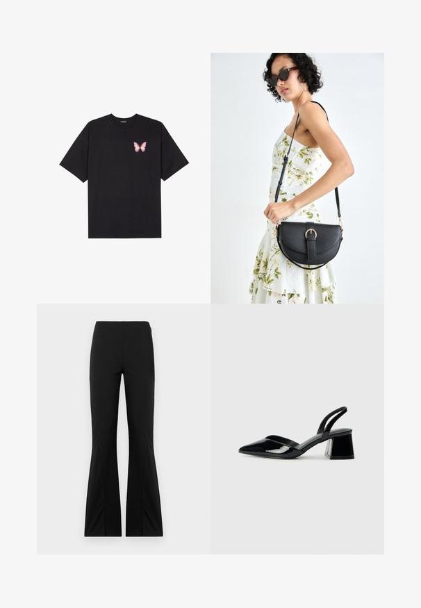 Melna kokvilnas T-krekls ar īsām piedurknēm, kuram priekšā kreisajā pusē ir neliels rozā tauriņa grafiskais attēls. Ar apaļu kaklu un brīvā stila piegriezumu.; Melni izplekti bikses, izgatavotas no elastīgas auduma, ar gludu tekstūru, pielāgotu piegriezumu un sadalītu apakšmalu dizainu.; Melna lakota āda ar atvērto papēdi, ar smailu purngalu un ģeometrisku blokpapēdi. Iezīmējas elegants, minimāls dizains un gluda tekstūra.; Melnas ādas rokassoma ar izliekta formu, noņemamu siksnu un zelta aksesuāriem. Somai ir vāciņš ar sprādzes detaļu.