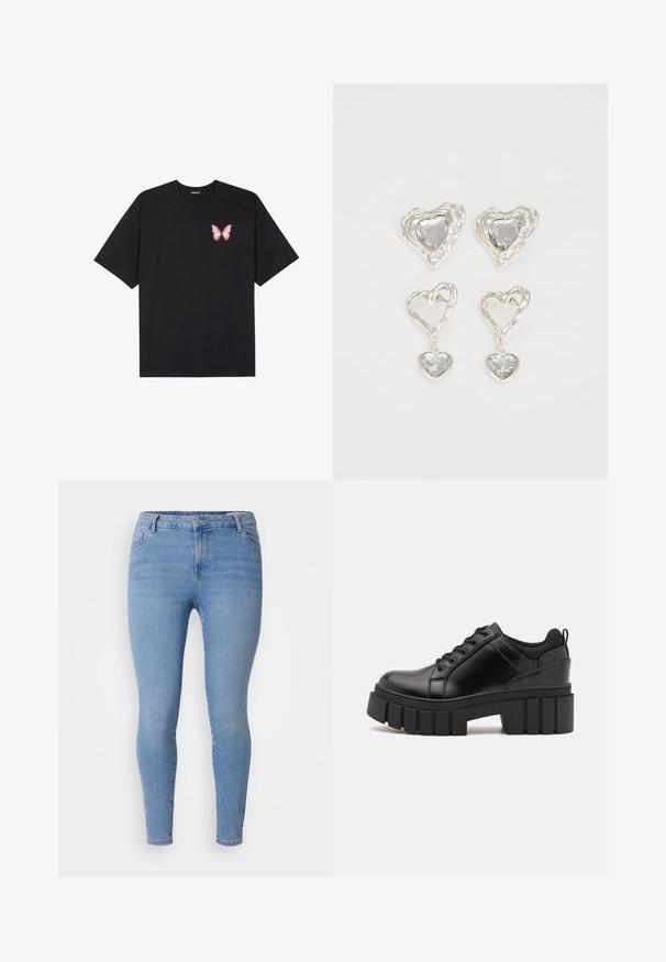 Černé bavlněné tričko s krátkým rukávem, na levém prsou s malou grafikou růžové motýlky. Design s kruhovým výstřihem a volným střihem.; Světle modré úzké džíny vyrobené z denimu, s klasickým pětikapsovým stylem, zipem a úzkými nohavicemi. Hladký materiál s mírným vyblednutím.; Černé kožené platformové boty s masivním blokovým podpatkem, kulatou špičkou a tradičním šněrováním. Mají hladký povrch a minimální detaily.; Stříbrné náušnice ve tvaru srdce mají fasetované průhledné kameny a texturovaný rám. Sada zahrnuje styl pecek a visacích náušnic.