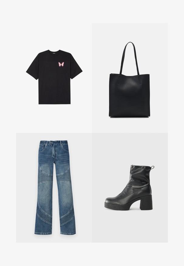 Črna bombažna majica s kratkimi rokavi, ki ima majhen roza metuljček na levi strani prsnega dela. Majica s krožnim ovratnikom in sproščenim krojem.; Visoko pasane modre kavbojke z širokimi nogami, ki imajo ukrivljene šive in rebraste dele v spodnjem delu. Priložnostni slog.; Črne gležnjarje iz gladke kože z božnim zadrgo, masivnim teksturiranim peto in zaobljeno obliko prstov.; Črna usnjena torba s svilnato teksturo, pravokotne oblike in dvema dolgima ročajema. Brez vidnih metalnih delov ali okrasnih elementov.