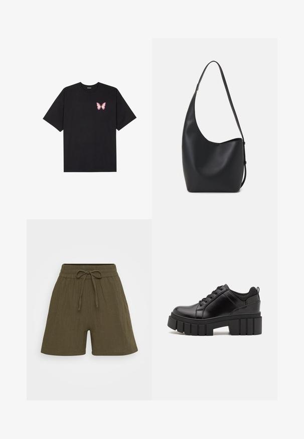 Tricou negru din bumbac cu mâneci scurte, având pe partea stângă a pieptului un mic grafic cu un fluture roz. Design cu guler rotund și croială lejeră.; Pantaloni scurți din in verde măsliniu, cu un design cu picior larg, talie elastică cu șnur și o textură subtilă.; Pantofi cu talpă plată din piele neagră, cu toc gros, vârf rotund și design tradițional cu șireturi. Prezintă o textură netedă și detalii minime.; Geantă hobo din piele neagră, cu o textură netedă, formă curbată și un singur bretele ajustabil; are o deschidere largă în partea de sus.