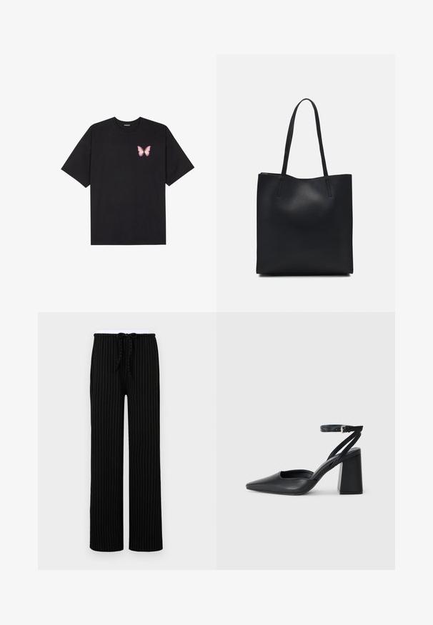 Juodas medvilnės marškinėliai trumpomis rankovėmis, su maža rožine drugelio grafika kairėje krūtinės pusėje. Apvalus kaklo iškirpimas, laisvas kirpimas.; Juodos dryžuotos kelnės su laisvu siluetu, turinčios elastingą juosmenį ir šnurku, pagamintos iš minkštos audinio tekstūros.; Juoda odinė smailiagalė aukštakulnio bateliai su kulkšnies dirželiu ir storu kulnu. Lygus paviršius, elegantiškas dizainas ir minimalistiška estetinė. ; Juodas odinis tote krepšys su lygia tekstūra, stačiakampio formos ir dviem ilgais rankenomis. Matomų metalinių detalių ar puošybos nėra.