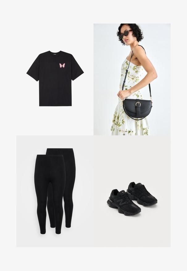 Camiseta de algodón negra de manga corta, con un pequeño gráfico de mariposa rosa en el lado izquierdo del pecho. Diseño de cuello redondo con un corte relajado.; Leggings negros, hechos de un tejido elástico, presentan un diseño ajustado. Tienen una textura suave y una cinturilla elástica. Se muestran dos pares.; Zapatillas deportivas negras con un upper texturizado, que presentan un prominente logo "N", suela acolchada y una silueta moderna y estilizada.; Bolso de piel negra con forma curva, correa desmontable y herrajes dorados. El bolso cuenta con una solapa con un detalle de hebilla.