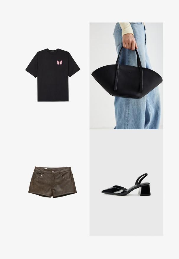 Czarny bawełniany t-shirt z krótkim rękawem, z małym różowym motylkiem na lewej piersi. Klasyczny dekolt z luźnym fasonem.; Brązowe szorty z sztucznej skóry o gładkiej teksturze, z metalowymi stożkami na przednich kieszeniach i zapięciem na guzik.; Czarne lakierowane półbuty na obcasie z wydłużonym noskiem i geometrycznym słupkiem. Charakteryzują się eleganckim, minimalistycznym designem oraz gładką fakturą.; Czarna skórzana torebka w unikalnym kształcie wachlarza, z płaskimi uchwytami. Powierzchnia ma fakturę kamyków i minimalistyczny design.