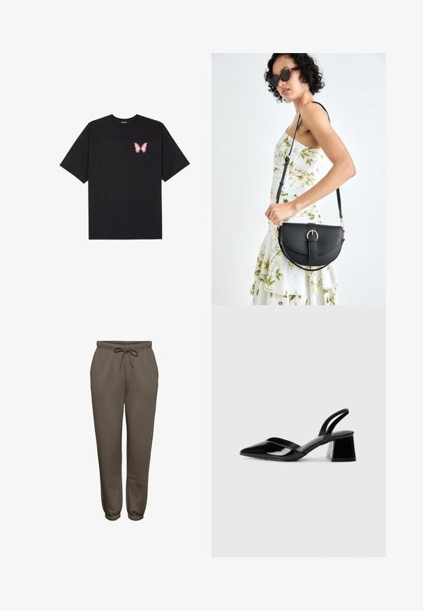 Black cotton t-shirt with short sleeves, featuring a small pink butterfly graphic on the left chest. Crew neck design with a relaxed fit.; Brown sweatpants made of soft fabric, featuring an elastic waistband with a drawstring, and tapered cuffs at the ankles.; Black patent leather slingback heels with a pointed toe and a geometric block heel. Features a sleek, minimal design and smooth texture.; Black leather handbag with a curved shape, detachable strap, and gold hardware. The bag features a flap with a buckle detail.