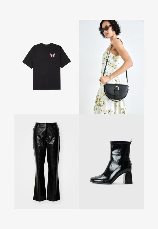 Black cotton t-shirt with short sleeves, featuring a small pink butterfly graphic on the left chest. Crew neck design with a relaxed fit.; Black faux leather pants featuring a textured crocodile skin pattern, flared legs, and a standard waistband with belt loops.; Black patent ankle boot with a square toe and chunky geometric heel. Features a smooth, shiny texture and a rear pull tab for easy wear.; Black leather handbag with a curved shape, detachable strap, and gold hardware. The bag features a flap with a buckle detail.