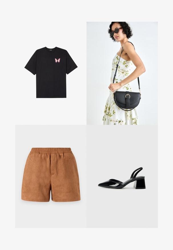 Schwarzes Baumwoll-T-Shirt mit kurzen Ärmeln, das ein kleines pinkes Schmetterlingsmotiv auf der linken Brust zeigt. Crewneck-Design mit einem entspannten Schnitt.; Braune Wildledershorts mit elastischem Bund, die eine lockere Passform und eine glatte Textur bieten. Einfaches Design, geeignet für legere Kleidung.; Schwarze Lackleder-Slingback-High Heels mit spitzem Schuh und einem geometrischen Blockabsatz. Verfügt über ein schlankes, minimalistisches Design und eine glatte Textur.; Schwarze Lederhandtasche mit geschwungener Form, abnehmbarem Tragegurt und goldenen Beschlägen. Die Tasche verfügt über einen Deckel mit einer Schnallen-Details.