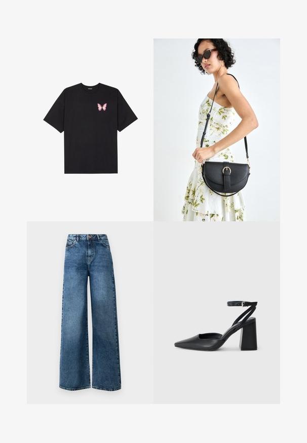 T-shirt de algodão preto com mangas curtas, apresentando um pequeno gráfico de borboleta rosa no lado esquerdo do peito. Design de gola redonda com um corte solto.; Calças de ganga azul de perna larga com uma cintura alta, apresentando cinco bolsos, fecho de botão e áreas ligeiramente desbotadas para textura.; Sandal com biqueira afilada em couro preto, com cinta no tornozelo e salto grosso. Textura lisa, design elegante e estética minimalista.; Bolsa de couro preta com forma curva, alça destacável e detalhes em dourado. A bolsa possui uma aba com detalhe de fivela.